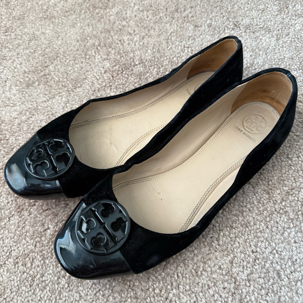 Tory Burch Black Velvet Patent Leather Ballet Flats